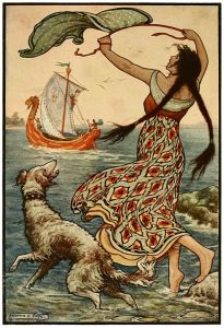 "The black-browed maid stood upon the bank as the red ship sailed away from Novgorod." Illustration from "The Russian Story Book" by Richard Wilson, illustrated by Frank C. Papé, 1916. Public domain.