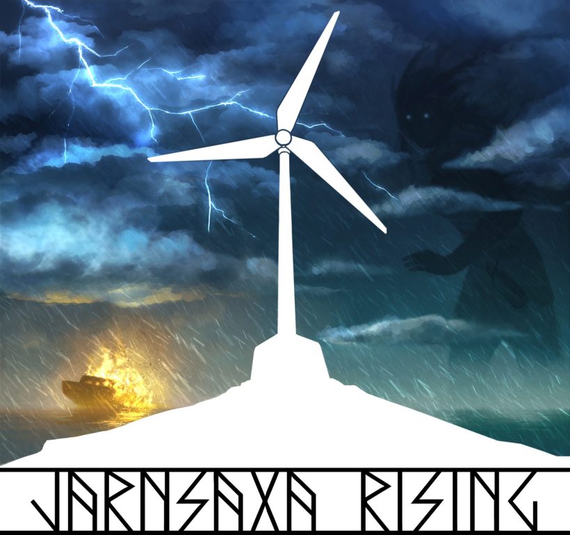 A white wind turbine spins its blades over a small island during a thunderstorm. To the left, a ferryboat burns in the ocean. To the right, a giant shadowy figure emerges from the darkness.